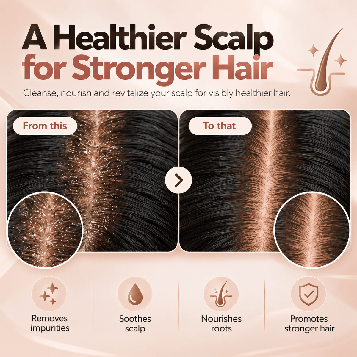 Scalp Serum Applicator & Massage Comb image showing healthier scalp for stronger hair with benefits listed.