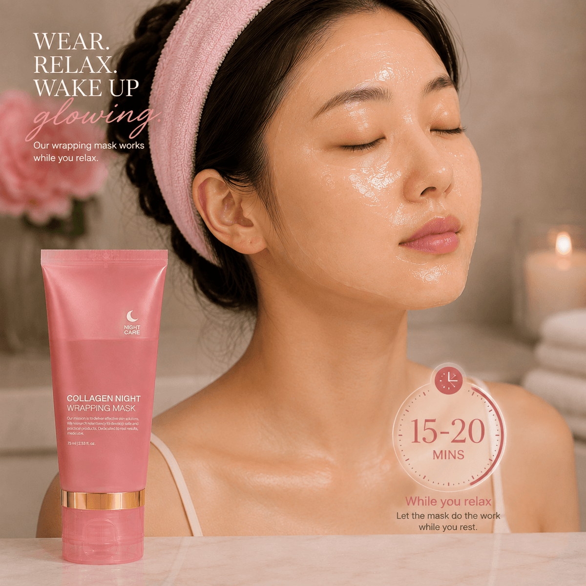 Collagen Night Mask applied on a woman’s face, showcasing its skincare benefits with glowing effects.