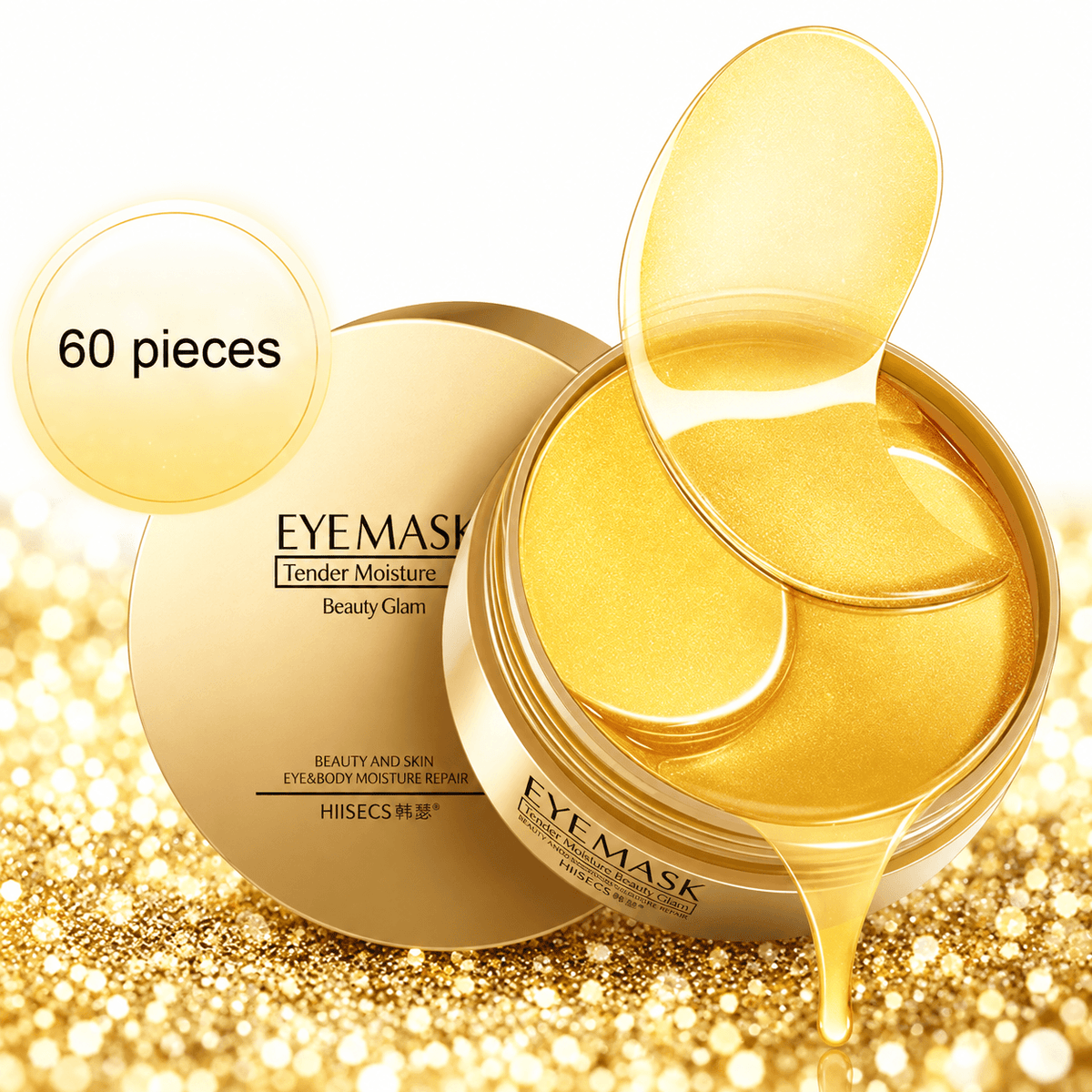 24K Gold Eye Mask jar with 60 hydrogel eye patches for rejuvenating tired eyes.