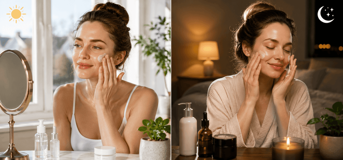 Woman demonstrating morning vs. night skincare routine with products in a well-lit and dimly lit setting.