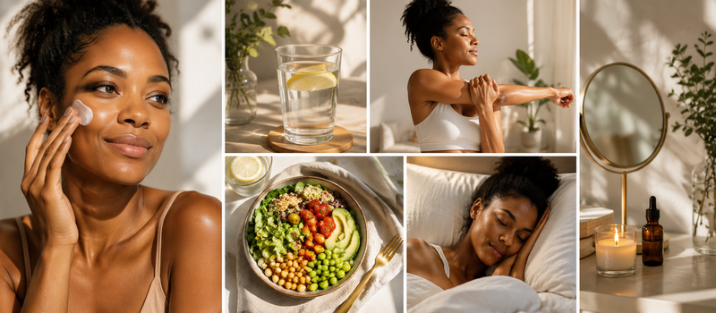 5 daily habits for healthy skin tips, including skincare, hydration, nutrition, and restful sleep.
