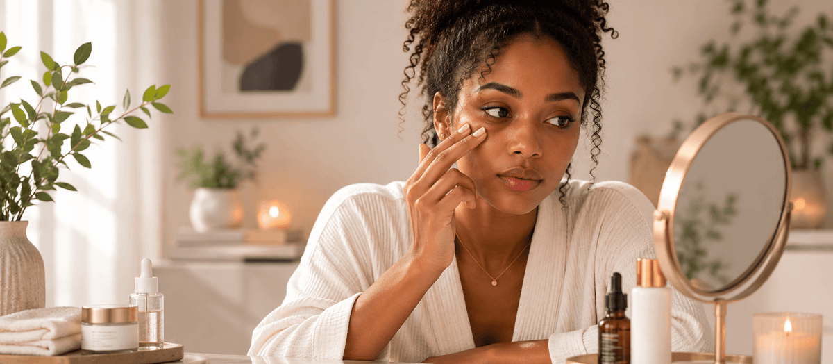 Woman applying skincare products in front of a mirror, avoiding common skincare mistakes that make you look older.