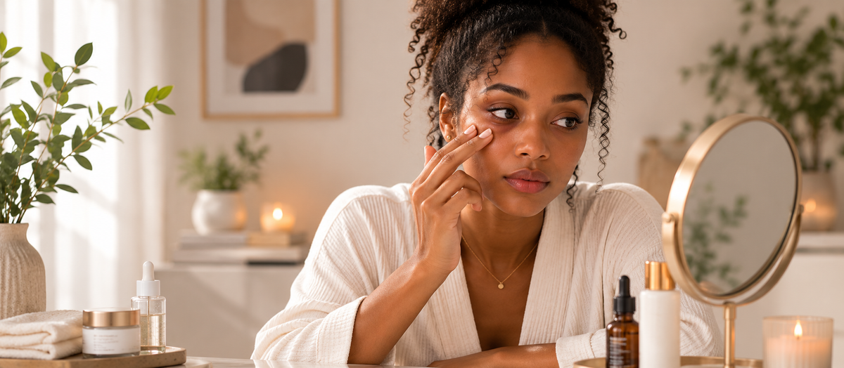 Woman applying skincare products in front of a mirror, avoiding common skincare mistakes that make you look older.