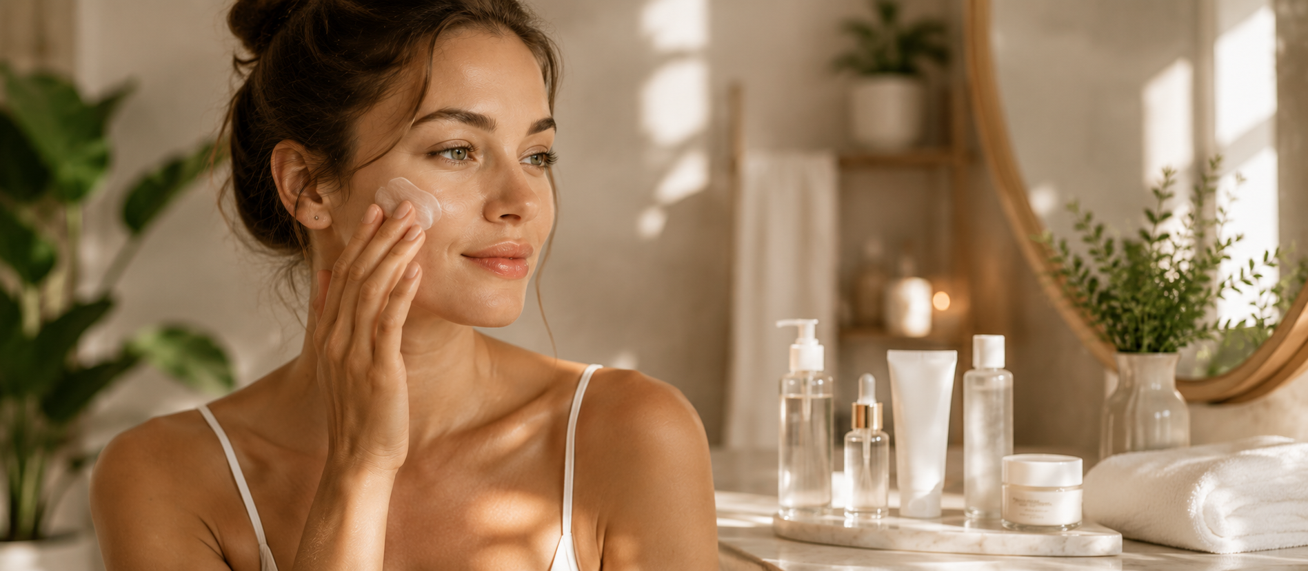 Woman applying skincare product while learning how to build a skincare routine in a bright, natural setting.