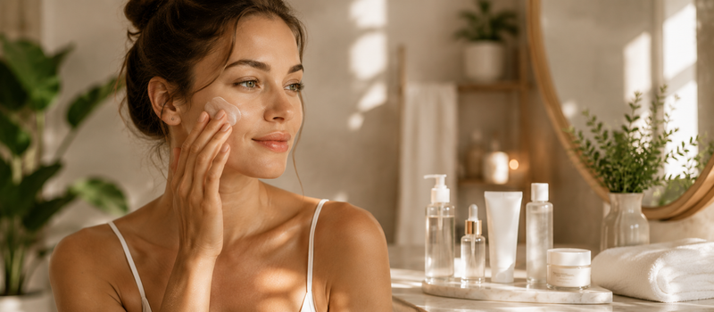 Woman applying skincare product while learning how to build a skincare routine in a bright, natural setting.