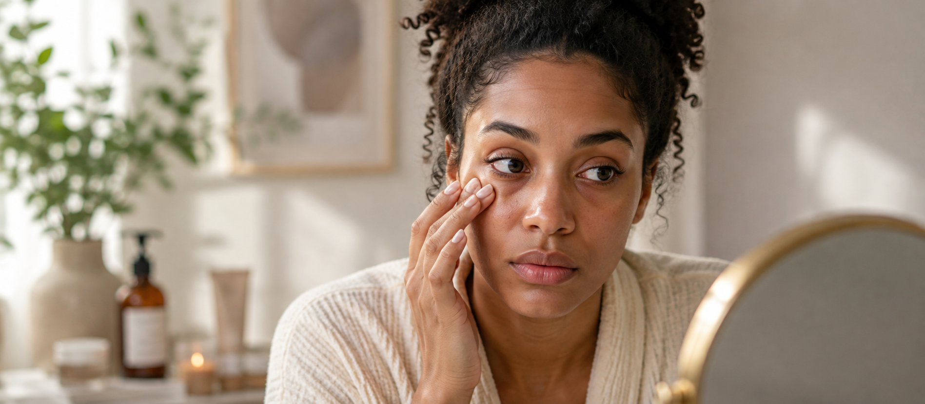 Woman examining her under-eyes for causes of dark circles in a mirror, highlighting puffiness and dullness.