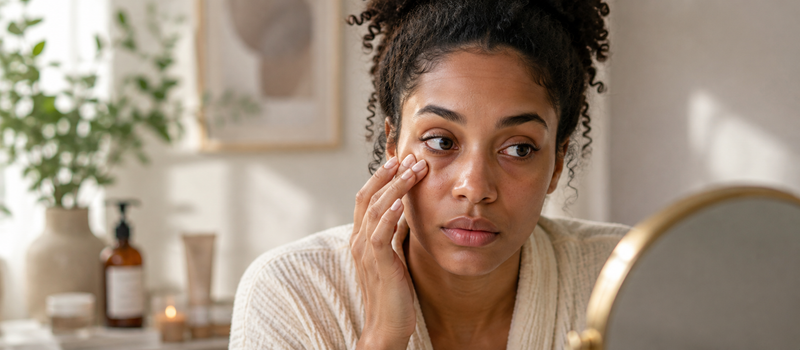 Woman examining her under-eyes for causes of dark circles in a mirror, highlighting puffiness and dullness.