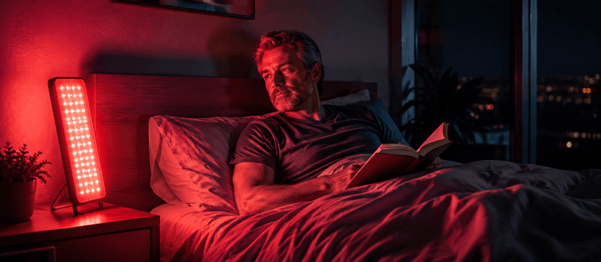Man reading in bed with red light therapy lamp promoting better sleep quality.