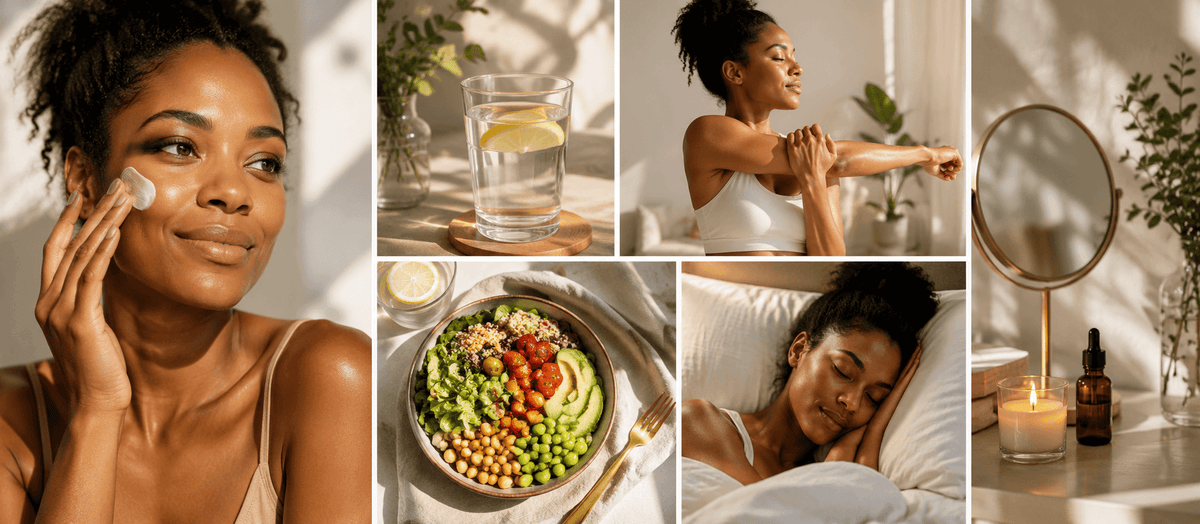 5 daily habits for healthy skin tips, including skincare, hydration, nutrition, and restful sleep.