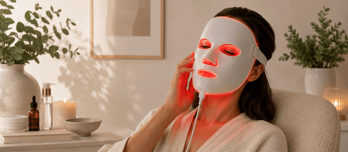 Woman using a Red Light Therapy Skin Rejuvenation  and skincare benefits in a serene setting.