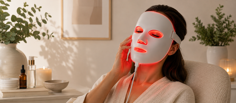 Woman using a red light therapy mask for skin rejuvenation in a serene spa setting.