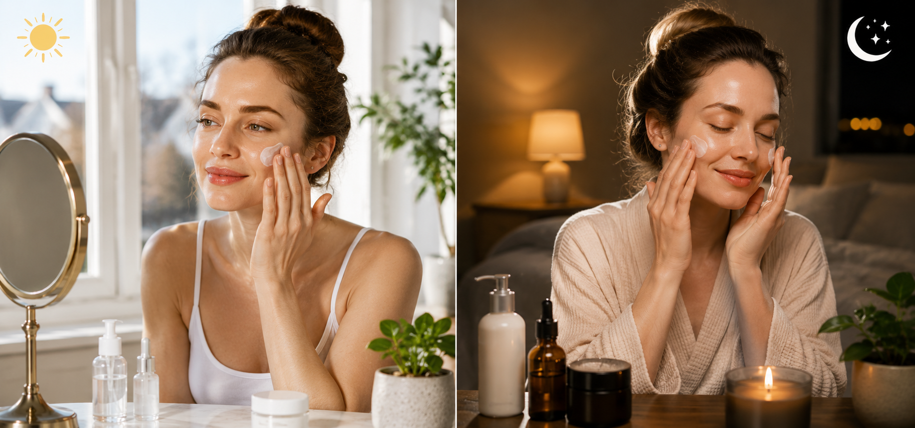 Woman demonstrating morning vs. night skincare routine with products in a well-lit and dimly lit setting.