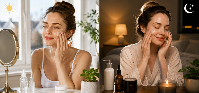 Woman demonstrating morning vs. night skincare routine with products in a well-lit and dimly lit setting.