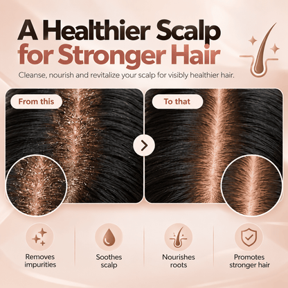 Scalp Serum Applicator &amp; Massage Comb image showing healthier scalp for stronger hair with benefits listed.