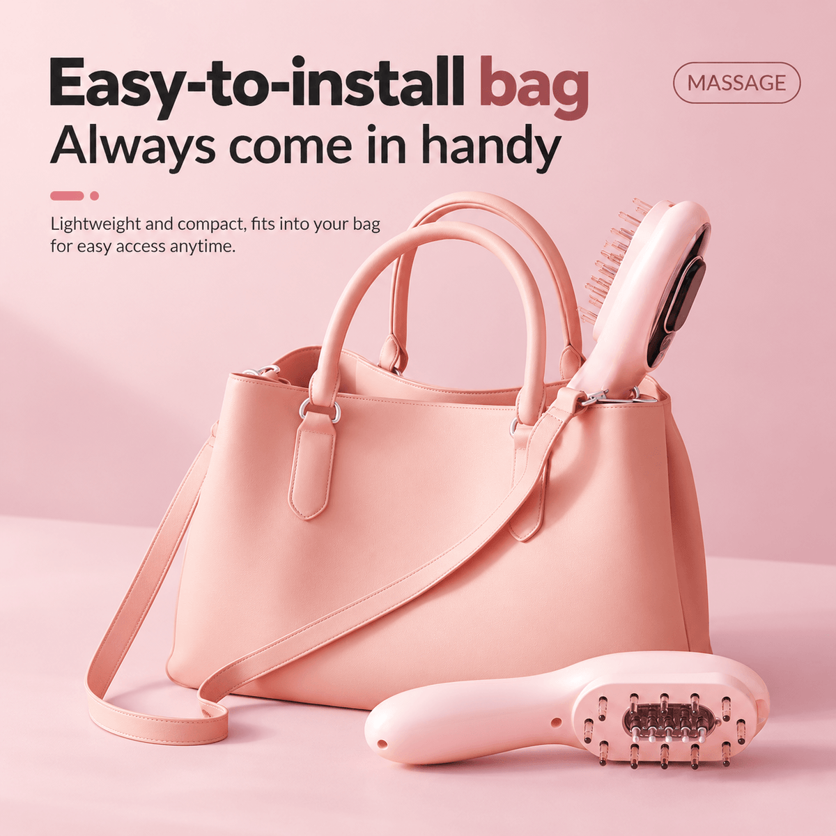 Scalp Serum Applicator &amp; Massage Comb resting beside an easy-to-install bag for handy access.