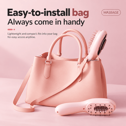 Scalp Serum Applicator &amp; Massage Comb resting beside an easy-to-install bag for handy access.
