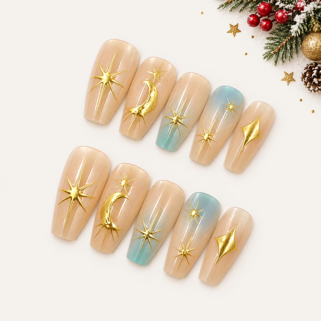 Star &amp; Moon Coffin Press-On Nails – 10 Pieces
