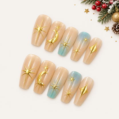 Star &amp; Moon Coffin Press-On Nails – 10 Pieces