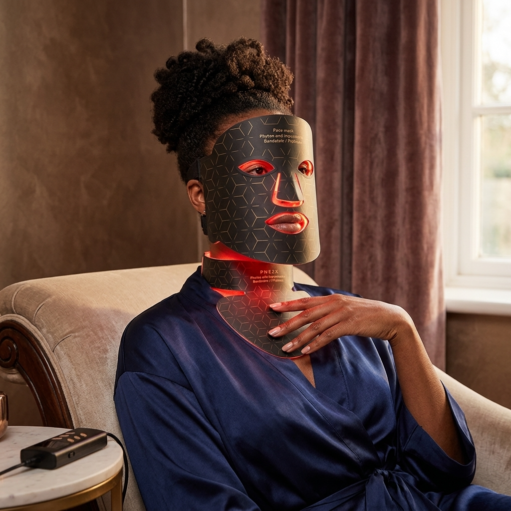 A person wearing a black LED neck and face mask sits in a beige armchair, wearing a navy blue satin robe. The mask is glowing red, illuminating the neck and face.