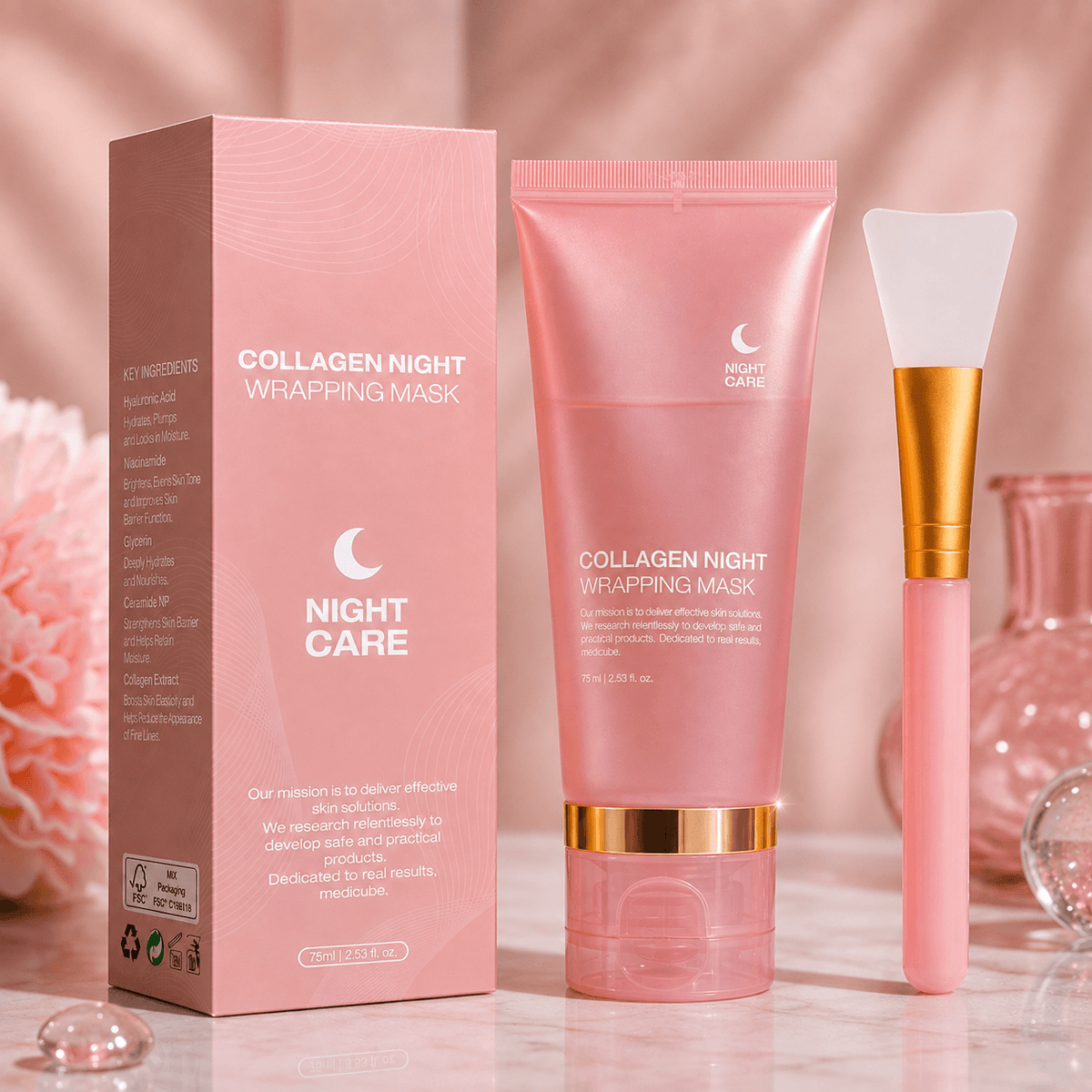 Collagen night mask packaging and applicator for nighttime skincare routine.