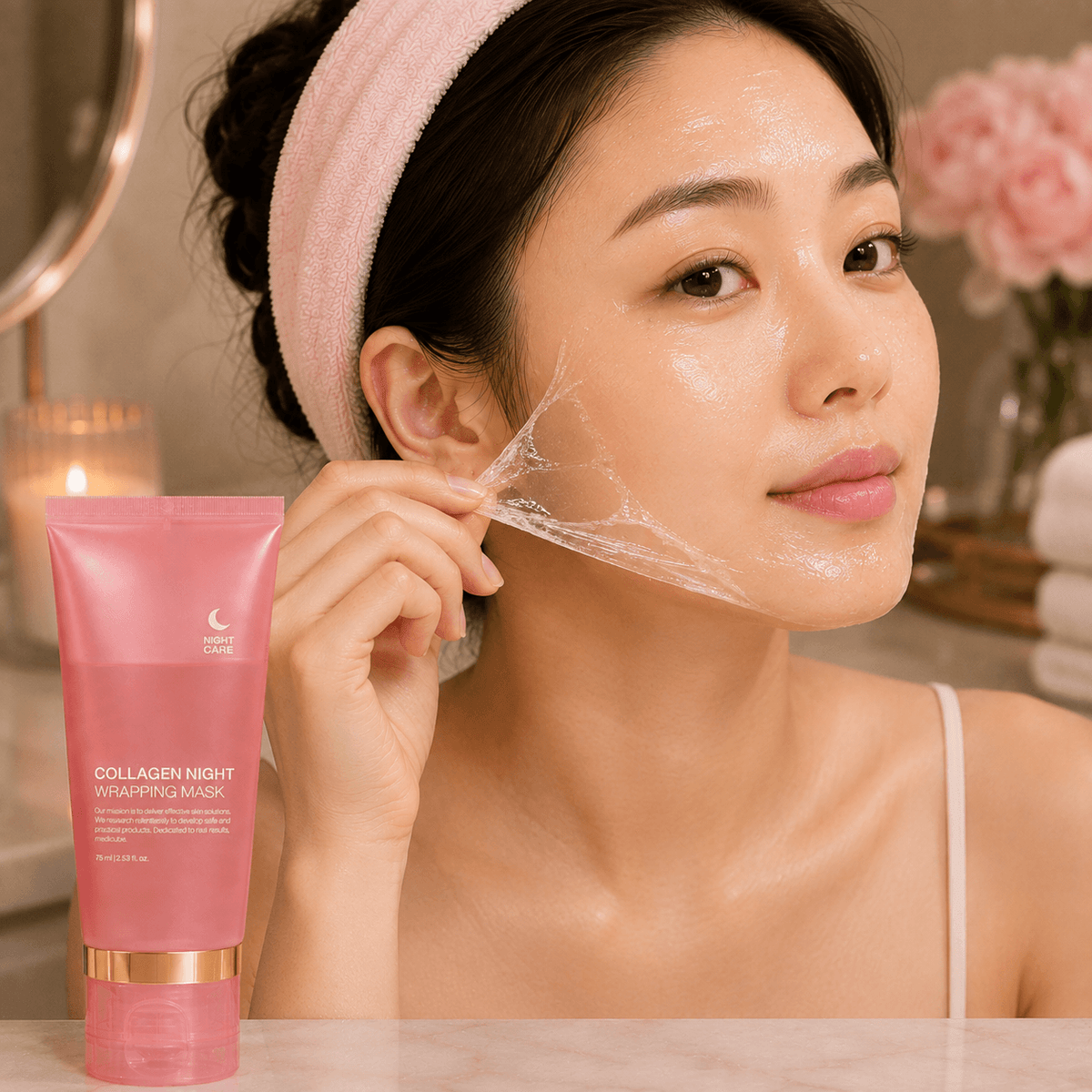 Woman applying collagen night mask for youthful skin and improved elasticity in skincare routine.