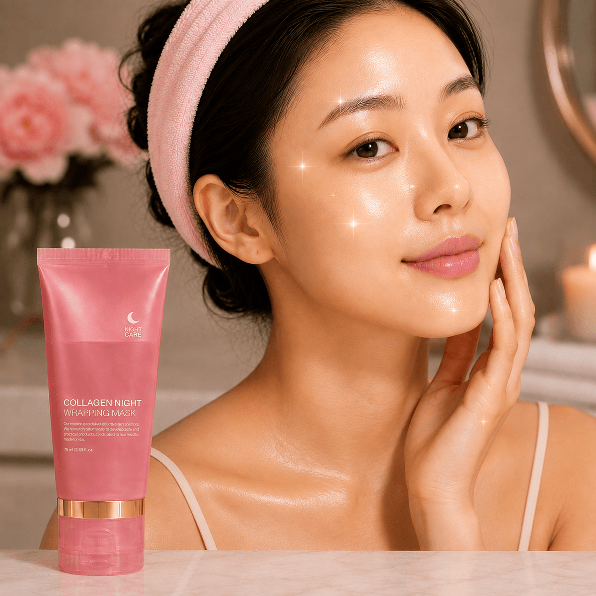 Collagen Night Mask displayed with model showcasing its skin-hydrating benefits for nighttime skincare routine.