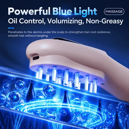 Scalp Serum Applicator &amp; Massage Comb featuring powerful blue light for oil control and volumizing effects.