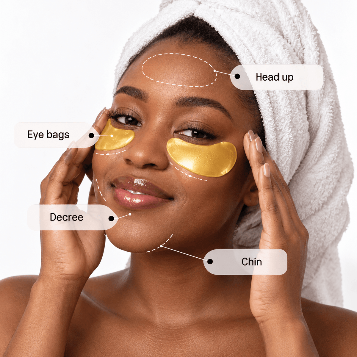 A woman applying 24K Gold Eye Mask patches to her under-eyes, showcasing effective eye-care routine.