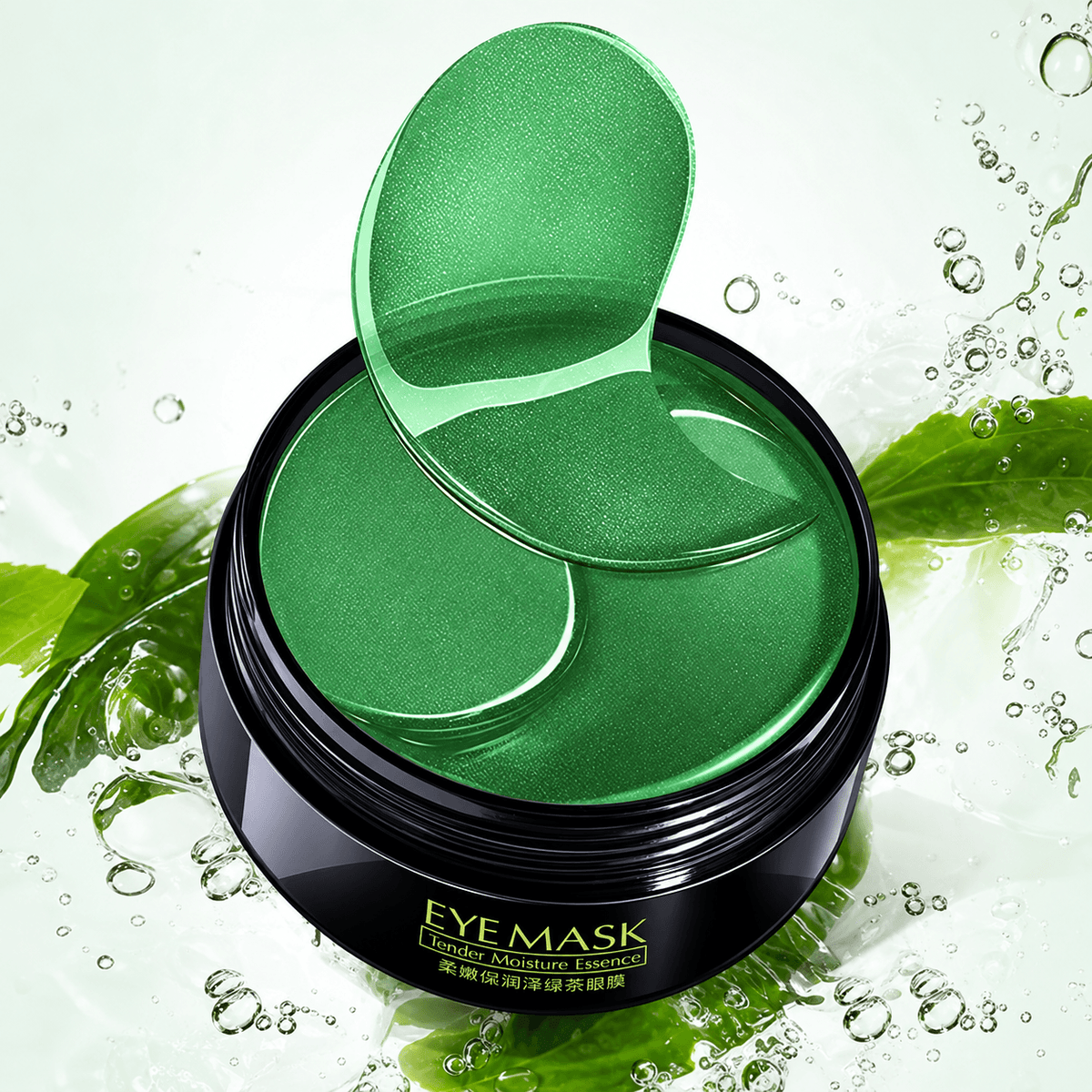 24K Gold Eye Mask in a round container with green eye patches ready for use.