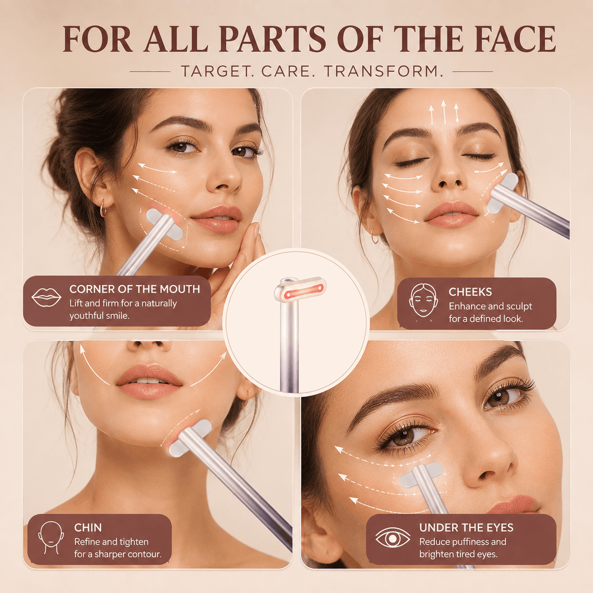 4-in-1 eye wand targeting corners of mouth, cheeks, chin, and under eyes for total facial care
