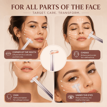 4-in-1 eye wand targeting corners of mouth, cheeks, chin, and under eyes for total facial care