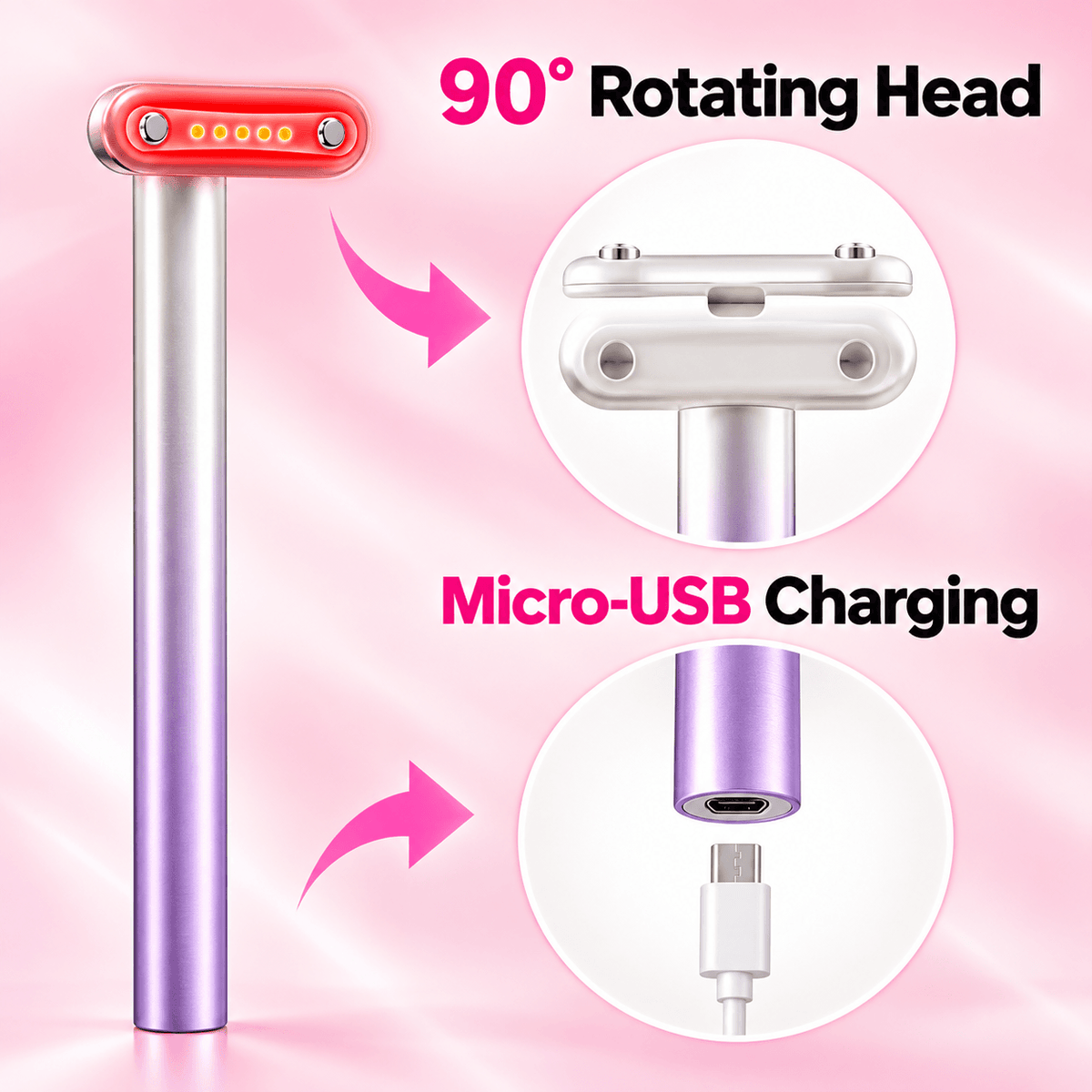 4-in-1 eye wand features a 90° rotating head and micro-USB charging for enhanced skincare routines.