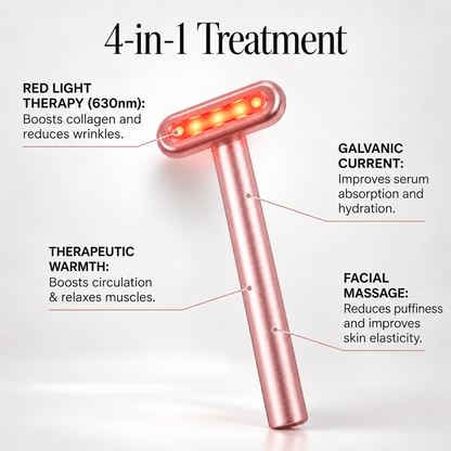 4-in-1 eye wand device showcasing red light therapy, galvanic current, therapeutic warmth, and facial massage features.